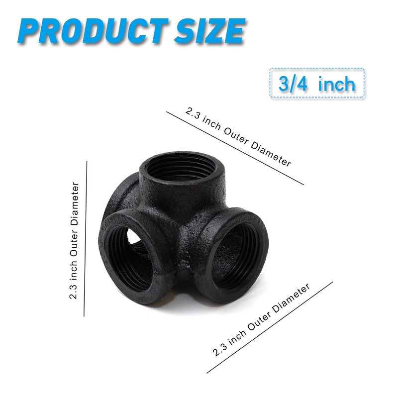 Home TZH 3/4" تي أسود مطلي 4-طرق مع مخرج جانبي، مجموعة منزلية TZH 10-Pack من تركيبات الأنابيب الحديدية القابلة للتشكيل السوداء 4-طرق للأنابيب الصناعية، الأثاث وزينة الأعمال اليدوية (10، 3/4 بوصة أسود) - Image 2